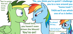 Size: 1280x600 | Tagged: safe, artist:didgereethebrony, rainbow dash, oc, oc:didgeree, pegasus, pony, g4, base used, blue eyes, challenge, dialogue, grammar error, instant regret, simple background, smug, this will not end well, transparent background
