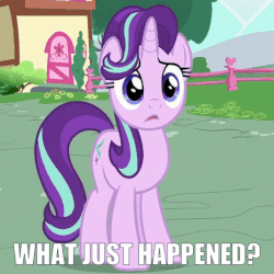 Size: 534x534 | Tagged: safe, edit, edited screencap, editor:axal-5, screencap, starlight glimmer, pony, unicorn, g4, to where and back again, animated, caption, confused, cropped, cute, female, gif, gif with captions, glimmerbetes, image macro, loop, mare, meme, ponyville, raised hoof, reaction image, solo, text, text edit, what just happened