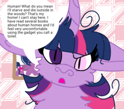 Size: 954x838 | Tagged: safe, artist:spero, twilight sparkle, alicorn, original species, pony, g4, confused, female, heterochromia, implied human, looking at you, messy mane, solo, speech bubble, text, twilight sparkle (alicorn)