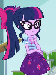 Size: 749x1003 | Tagged: safe, screencap, pinkie pie, sci-twi, twilight sparkle, equestria girls, g4, my little pony equestria girls: better together, overpowered (equestria girls), clothes, female, geode of telekinesis, glasses, magical geodes, offscreen character, ponytail, skirt, smiling