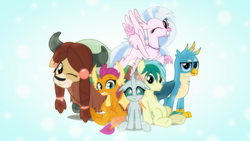 Size: 1600x900 | Tagged: safe, artist:jhayarr23, artist:sailortrekkie92, edit, gallus, ocellus, sandbar, silverstream, smolder, yona, changedling, changeling, classical hippogriff, dragon, earth pony, griffon, hippogriff, pony, yak, g4, cloven hooves, cute, diaocelles, diastreamies, dragoness, female, flying, gallabetes, happy, horns, looking at you, male, one eye closed, sandabetes, sitting, smiling, smolderbetes, stallion, student six, tail, teenager, wallpaper, wallpaper edit, wink, yonadorable