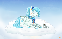 Size: 1280x803 | Tagged: safe, artist:shiropoint, oc, oc only, oc:snow-wing, pegasus, pony, clothes, cloud, on a cloud, scarf, thermos