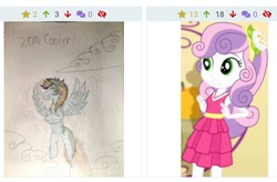 Size: 600x394 | Tagged: safe, sweetie belle, derpibooru, a photo booth story, equestria girls, g4, my little pony equestria girls: summertime shorts, drawing, juxtaposition, meta, screenshots