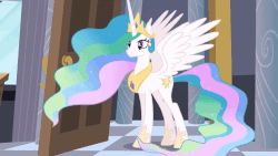 Size: 1000x562 | Tagged: safe, screencap, princess celestia, alicorn, pony, g4, princess twilight sparkle (episode), animated, beautiful, bedroom, crown, cutie mark, door, ethereal mane, ethereal tail, female, flowing mane, flowing tail, gif, hoof shoes, jewelry, majestic, mare, multicolored mane, multicolored tail, peytral, pillar, regalia, reversed, smiling, spread wings