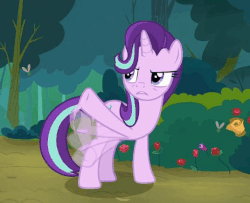 Size: 536x435 | Tagged: safe, screencap, starlight glimmer, fly, insect, pony, unicorn, g4, the mean 6, animated, annoyed, cropped, cute, everfree forest, female, flapping, flower, fly (insect), forest, gif, glimmerbetes