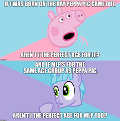 Size: 988x998 | Tagged: safe, artist:dec browne, oc, oc:baby show, pig, pony, unicorn, anthro, anthro with ponies, caption, image macro, meme, peppa pig, peppa pig (character), philosoraptor, text