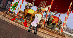 Size: 1920x1001 | Tagged: safe, oc, oc:solari melody, pegasus, semi-anthro, arm hooves, bipedal, carousel, fishnet stockings, pink, second life, tongue out