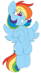 Size: 1061x1876 | Tagged: safe, artist:taaffeiite, derpibooru exclusive, rainbow dash, pegasus, pony, g4, belly fluff, colored sketch, cutie mark, excited, fluffy, flying, simple background, sketch, smiling, solo, white background
