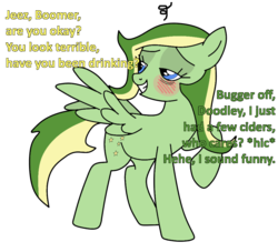 Size: 1024x931 | Tagged: safe, artist:didgereethebrony, oc, oc only, oc:boomerang beauty, oc:doodley, pegasus, pony, base used, blue eyes, blushing, cutie mark, dialogue, drunk, offscreen character, simple background, solo, transparent background
