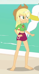 Size: 391x745 | Tagged: safe, screencap, applejack, bulk biceps, equestria girls, g4, my little pony equestria girls: better together, turf war, applejack's hat, barefoot, clothes, cowboy hat, cropped, feet, female, geode of super strength, hat, legs, lifeguard, lifeguard applejack, magical geodes, shorts, solo focus, wet hair
