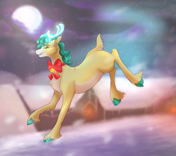 Size: 1800x1600 | Tagged: safe, artist:mirtalimeburst, alice the reindeer, deer, reindeer, g4, my little pony best gift ever, adoralice, chest fluff, cloven hooves, cute, female, full moon, moon, smiling, snow, solo