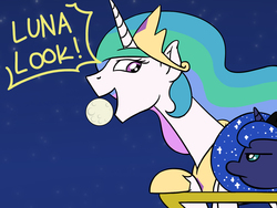 Size: 1800x1350 | Tagged: safe, artist:flutterluv, princess celestia, princess luna, alicorn, pony, g4, :|, balcony, dialogue, duo, female, forced perspective, frown, leaning, lidded eyes, luna is not amused, mare, moon, night, raised hoof, royal sisters, sillestia, silly, sisters, sky, speech bubble, stars, text, unamused