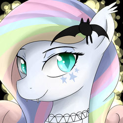 Size: 1000x1000 | Tagged: safe, artist:dashy21, oc, oc only, oc:spectral prism, bat pony, pony, abstract background, bat pony oc, bust, colored pupils, cute, cute little fangs, ear fluff, fangs, female, looking at you, mare, multicolored hair, multicolored mane, portrait, slit pupils, smiling, solo