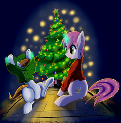 Size: 1700x1735 | Tagged: safe, artist:mistleinn, oc, oc:littlepip, oc:littlepip's mother, pony, unicorn, fallout equestria, christmas, christmas lights, christmas tree, clothes, cutie mark, duo, fanfic, fanfic art, female, glowing horn, happy, holiday, hooves, horn, magic, mare, mother and daughter, sitting, sweater, teddy bear, telekinesis, tree