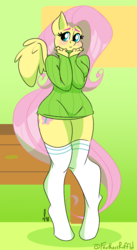 Size: 729x1334 | Tagged: safe, artist:feathers-ruffled, fluttershy, pegasus, anthro, g4, blushing, clothes, cute, female, looking at you, shyabetes, socks, solo, sweater, sweatershy, zettai ryouiki