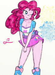 Size: 800x1100 | Tagged: safe, artist:achmeddb, pinkie pie, equestria girls, g4, boots, breasts, cleavage, clothes, cute, female, heart, miniskirt, one eye closed, reasonably sized breasts, shoes, skirt, smiling, solo, wink