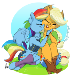 Size: 974x1038 | Tagged: safe, artist:feathers-ruffled, applejack, rainbow dash, earth pony, pegasus, anthro, g4, boots, clothes, eyes closed, female, lesbian, open mouth, ship:appledash, shipping, shoes, shorts