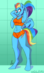 Size: 734x1200 | Tagged: safe, artist:feathers-ruffled, rainbow dash, pegasus, anthro, g4, armpits, belly button, clothes, female, ponytail, solo, swimsuit