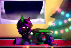 Size: 3474x2360 | Tagged: safe, artist:honeybbear, oc, oc only, bat pony, pony, christmas, christmas tree, female, high res, holiday, mare, night, pregnant, prone, solo, tree