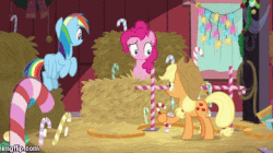 Size: 360x202 | Tagged: safe, screencap, applejack, pinkie pie, rainbow dash, best gift ever, g4, the great escape room, spoiler:the great escape room, animated, candy, candy cane, candy canes, female, food, gif, gramophone, hay, hay bale, imgflip, michael jackson, moonwalk, phonograph, smooth criminal, spoiler