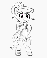 Size: 1075x1343 | Tagged: safe, artist:pabbley, rainbow dash, pegasus, pony, semi-anthro, g4, alternate hairstyle, arm hooves, backpack, bipedal, clothes, cute, dashabetes, ear fluff, female, heart, mare, monochrome, open mouth, partial color, ponytail, rainbow dash always dresses in style, solo