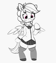 Size: 1244x1402 | Tagged: safe, artist:pabbley, rainbow dash, pegasus, pony, semi-anthro, g4, alternate hairstyle, arm hooves, bipedal, blushing, braid, clothes, cute, dashabetes, ear fluff, female, flower, flower in hair, mare, moe, monochrome, partial color, pleated skirt, rainbow dash always dresses in style, shoes, skirt, socks, solo, stockings, thigh highs, zettai ryouiki