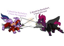 Size: 2898x2070 | Tagged: safe, artist:lizardwithhat, fizzlepop berrytwist, tempest shadow, twilight sparkle, alicorn, pony, unicorn, my little pony: the movie, broken horn, cape, clothes, eye scar, eyepatch, fencing, fight, fighting stance, green eyes, happy, hat, hooves, horn, mouth hold, musketeer, purple eyes, rochefort, scar, sword, twilight sparkle (alicorn), weapon, wings