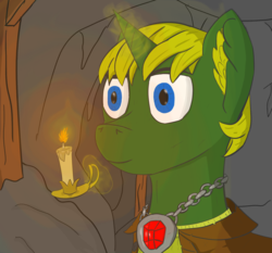 Size: 1646x1536 | Tagged: safe, artist:quarmaid, oc, pony, unicorn, amulet, avatar, blue eyes, candle, cave, clothes, coat, jewelry, male, yellow hair