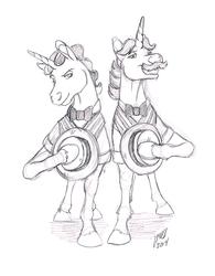 Size: 838x1075 | Tagged: safe, artist:carnivorouscaribou, flam, flim, pony, unicorn, g4, bowtie, brothers, duo, flim flam brothers, male, monochrome, realistic horse legs, sketch, stallion, traditional art, twins