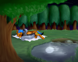 Size: 3600x2900 | Tagged: safe, artist:lilrandum, oc, oc only, oc:lilrandum, oc:xxenocage, couple, cuddling, detailed, detailed background, forest, gift art, high res, looking at something, moonlight, on side, outdoors, pond, present, reflection, shipping, water