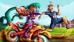 Size: 2560x1440 | Tagged: safe, artist:jamescorck, sunset shimmer, oc, oc:silver quill, after the fact, equestria girls, g4, my little pony equestria girls: friendship games, 42, canterlot high, carnivorous plant, commission, helmet, motocross outfit, motorcross, motorcycle, motorcycle helmet, running, title card