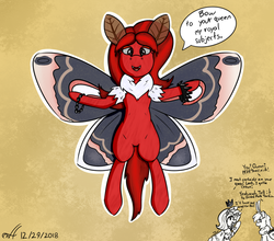 Size: 1024x900 | Tagged: safe, derpibooru exclusive, oc, oc:lunar glow, oc:moon dust, mothpony, original species, antennae, cecropia moth, crown, dialogue, eyeshadow, female, fluffy, flying, lidded eyes, long mane, looking at you, makeup, peytral, queen, regalia, shoulder fluff, smiling