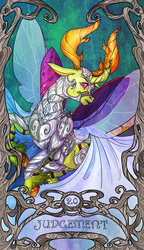 Size: 822x1425 | Tagged: safe, artist:sourcherry, derpibooru exclusive, thorax, changedling, changeling, pony, g4, armor, butterfly wings, cape, clothes, hooves, horns, judgement, king thorax, major arcana, male, modern art, nouveau, solo, tarot, tarot card, wings