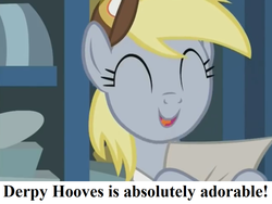 Size: 972x729 | Tagged: safe, edit, edited screencap, editor:korora, screencap, derpy hooves, best gift ever, g4, captain obvious, cropped, cute, derpabetes, eyes closed, fact, hat, mailmare hat, paper, post office, text, truth, you don't say