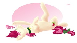 Size: 2500x1404 | Tagged: safe, roseluck, earth pony, pony, g4, behaving like a cat, bow, collar, commissioner:doom9454, cute, cyrillic, digital art, lying, lying down, on back, one eye closed, pet tag, pony pet, purring, rosabetes, rosepet, russian, solo, stretching, tail bow, translated in the description