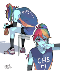 Size: 1258x1490 | Tagged: safe, artist:dusty-munji, rainbow dash, equestria girls, g4, clothes, female, ponytail, shirt, shoes, shorts, signature, simple background, sitting, sneakers, solo, white background
