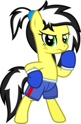 Size: 712x1092 | Tagged: safe, artist:lightningbolt, derpibooru exclusive, oc, oc only, oc:uppercute, earth pony, pony, g4, .svg available, angry, bipedal, boxing gloves, clothes, female, freckles, hoof on hip, looking at you, mare, ponytail, shorts, show accurate, simple background, solo, svg, transparent background, vector