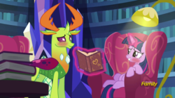 Size: 1280x720 | Tagged: safe, edit, edited screencap, screencap, thorax, twilight sparkle, alicorn, changedling, changeling, pony, g4, triple threat, antlers, blushing, book, bookshelf, chair, couch, discovery family logo, female, king thorax, lamp, looking at each other, male, shipping, smiling, straight, twilight sparkle (alicorn), twilight's castle, twirax