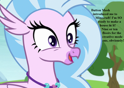 Size: 1008x720 | Tagged: safe, edit, edited screencap, editor:korora, screencap, silverstream, g4, non-compete clause, cropped, cute, dialogue, diastreamies, implied button mash, minecraft, that hippogriff sure does love stairs, tree