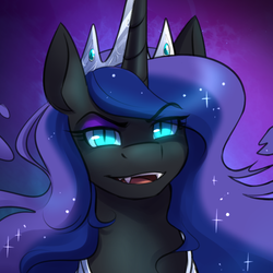 Size: 675x675 | Tagged: safe, artist:cosmalumi, nightmare moon, alicorn, pony, g4, bust, crown, female, jewelry, looking at you, mare, portrait, regalia, slit pupils, smiling, solo