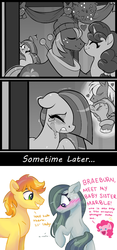 Size: 1022x2175 | Tagged: safe, artist:dreamscapevalley edits, artist:moonseeker, edit, big macintosh, braeburn, marble pie, pinkie pie, sugar belle, earth pony, pony, unicorn, best gift ever, g4, aftermath, blushing, braeble, colored, comic, crying, cute, female, good end, grayscale, heartbroken marble, introduction, male, mare, mistletoe, monochrome, nuzzling, ship sinking, ship:sugarmac, shipper on deck, shipper pie, shipping, shipping denied, shy, side chick, smiling, sometime later..., speculation, stallion, straight