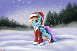 Size: 4500x3000 | Tagged: safe, artist:pony-stark, rainbow dash, pegasus, pony, g4, christmas, clothes, female, hat, holiday, mare, santa hat, scenery, smiling, snow, snowfall, tree