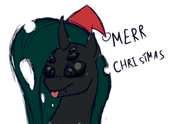 Size: 2480x1772 | Tagged: safe, artist:rubiont, oc, oc only, oc:cydelcia ádlíeg, changeling, spider, spiderling, christmas changeling, merry christmas, simple background, solo, tongue out
