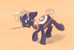 Size: 1280x877 | Tagged: safe, artist:pucksterv, oc, oc only, earth pony, pony, male, mouth hold, solo, stallion, sword, weapon