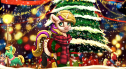 Size: 1698x929 | Tagged: safe, artist:moondreamer16, oc, oc only, oc:sprinkles, pony, unicorn, christmas, christmas tree, clothes, commission, female, holiday, jewelry, mare, necklace, night, present, scarf, shoes, smiling, snow, solo focus, sweater, tree, winter