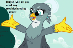 Size: 1066x697 | Tagged: safe, edit, edited screencap, editor:korora, screencap, gabby, griffon, g4, the fault in our cutie marks, bronybait, cropped, cute, dialogue, gabbybetes, hug request, that griffon sure does love helping out