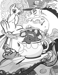 Size: 1280x1664 | Tagged: safe, artist:pimander1446, discord, fluttershy, oc, oc:squeaky pitch, pony, g4, alice in wonderland, mad hatter, monochrome, teapot