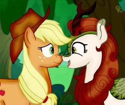 Size: 1280x1072 | Tagged: safe, artist:kobato98, applejack, autumn blaze, earth pony, kirin, pony, g4, sounds of silence, autumnjack, boop, cute, duo, eye contact, female, lesbian, looking at each other, nose to nose, nose wrinkle, noseboop, shipping