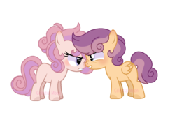 Size: 1656x1072 | Tagged: dead source, safe, artist:moon-rose-rosie, oc, oc only, pegasus, pony, unicorn, duo, female, filly, magical lesbian spawn, offspring, parent:scootaloo, parent:sweetie belle, parents:scootabelle, simple background, transparent background
