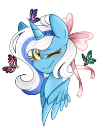 Size: 761x938 | Tagged: safe, artist:rainbowkittyy, oc, oc only, oc:fleurbelle, alicorn, butterfly, pegasus, pony, adorabelle, alicorn oc, blushing, bow, bust, cute, hair bow, ocbetes, one eye closed, simple background, solo, transparent background